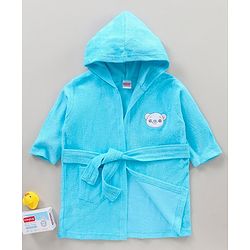 Babyhug Three Fourth Sleeves Hooded Bath Robe Bear Face Embroidery - Blue