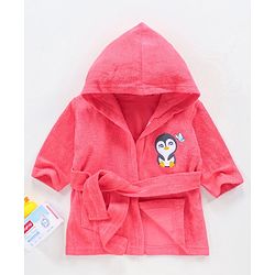 Babyhug Three Fourth Sleeves Hooded Bath Robe Penguin Embroidery - Pink