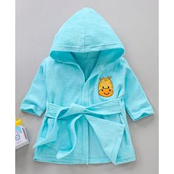 Babyhug Three Fourth Sleeves Hooded Bath Robe Rhino Embroidery - Blue