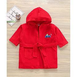 Babyhug Three Fourth Sleeve Bathrobe With Hood And Embroidery - Red