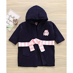 Babyhug Three Fourth Sleeve Bathrobe With Hood And Embroidery - Blue