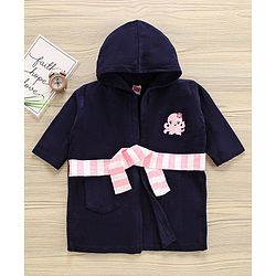 Babyhug Three Fourth Sleeve Bathrobe With Hood And Embroidery - Blue