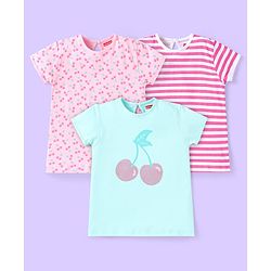Babyhug Short Sleeves Cotton Striped and Cherry Graphics Top Pack of 3 - Pink Green