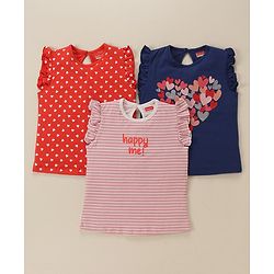 Babyhug Cap Frill Sleeves T-Shirts With Heart Graphics Pack of 3 - Navy Pink