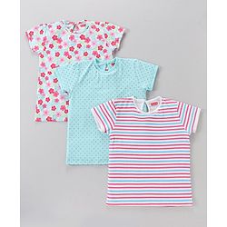 Babyhug Cotton Short Sleeves Floral Print Tees Pack of 3 - Blue