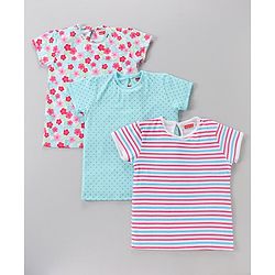 Babyhug Cotton Short Sleeves Floral Print Tees Pack of 3 - Blue