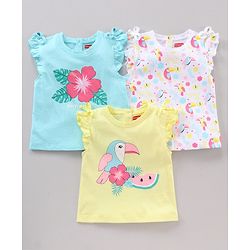 Babyhug Frill Sleeves Cotton Bird and Floral Graphics Tops Pack of 3 - Multicolour