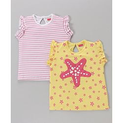 Babyhug Short Sleeves Cotton Striped and Star Graphics Top Pack of 2 - Yellow Peach