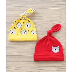 Babyhug 100% Cotton Caps Bear Print Pack of 2 - Yellow Red