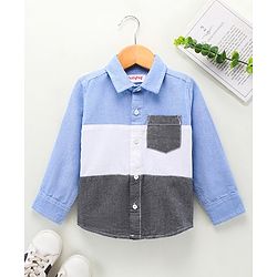 Babyhug Full Sleeves Solid Color Shirt With Front Cut & Sew Pannel - White Blue