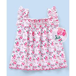 Babyhug Frill Sleeves Printed Cotton Cambric Top With Scalloped Embroidery At Hemline And Smocking-White Pink