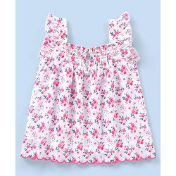 Babyhug Frill Sleeves Printed Cotton Cambric Top With Scalloped Embroidery At Hemline And Smocking-White Pink