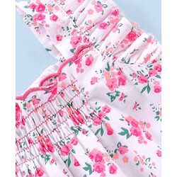 Babyhug Frill Sleeves Printed Cotton Cambric Top With Scalloped Embroidery At Hemline And Smocking-White Pink