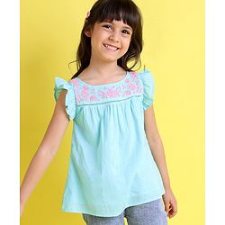 Babyhug Frill Sleeves Cotton Cambric Top With Embroidered Yoke- Blue