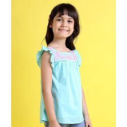 Babyhug Frill Sleeves Cotton Cambric Top With Embroidered Yoke- Blue