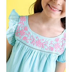 Babyhug Frill Sleeves Cotton Cambric Top With Embroidered Yoke- Blue