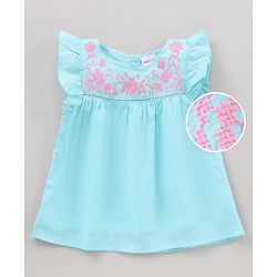 Babyhug Frill Sleeves Cotton Cambric Top With Embroidered Yoke- Blue