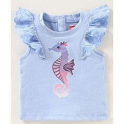 Babyhug Short Sleeves Top With Graphics & Schiffli Detailing Sea Horse Print - Blue