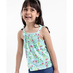 Babyhug Singlet Top With Smocking Detailing Floral Print - Blue