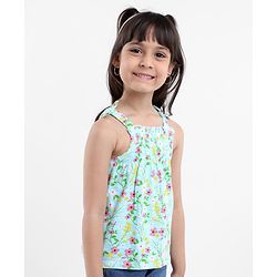 Babyhug Singlet Top With Smocking Detailing Floral Print - Blue