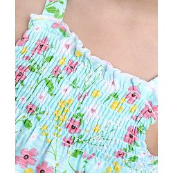 Babyhug Singlet Top With Smocking Detailing Floral Print - Blue
