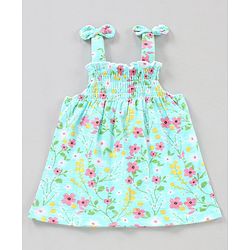 Babyhug Singlet Top With Smocking Detailing Floral Print - Blue