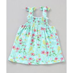 Babyhug Singlet Top With Smocking Detailing Floral Print - Blue