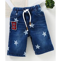 Babyhug Washed Stretch Denim Jamaican Shorts With Drawstring Star Print - Blue
