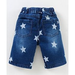 Babyhug Washed Stretch Denim Jamaican Shorts With Drawstring Star Print - Blue