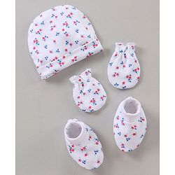 Babyhug Cotton Cap Mitten & Booties Set Floral Print White - Diameter 11.5 cm