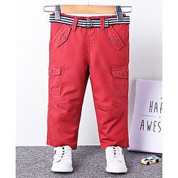 Babyhug Full Length Solid Trouser With Belt - Maroon