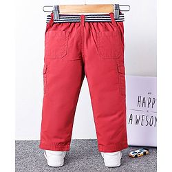 Babyhug Full Length Solid Trouser With Belt - Maroon