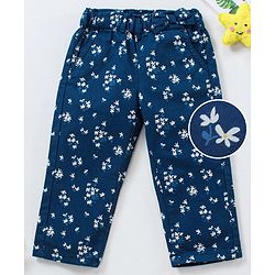 Babyhug Full Length Trouser With Bow Applique Floral Print - Blue
