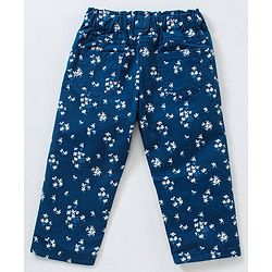 Babyhug Full Length Trouser With Bow Applique Floral Print - Blue