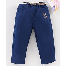 Babyhug Full Length Embroidered Pant With Belt - Dark Blue