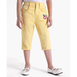 Babyhug Cotton Lycra 3/4th Length Capris Pant Floral Embroidered - Yellow