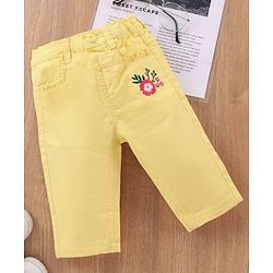 Babyhug Cotton Lycra 3/4th Length Capris Pant Floral Embroidered - Yellow