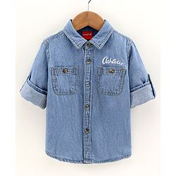 Babyhug Full Sleeves Denim Two Pocket Washed Shirt - Dark Blue