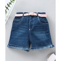 Babyhug Mid Thigh Washed Denim Shorts With Belt - Solid Blue