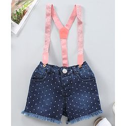 Babyhug Mid Thigh Length Denim Shorts with Suspenders & Polka Print - Blue