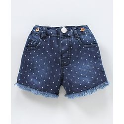 Babyhug Mid Thigh Length Denim Shorts with Suspenders & Polka Print - Blue