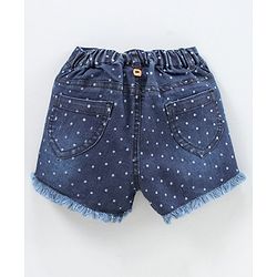 Babyhug Mid Thigh Length Denim Shorts with Suspenders & Polka Print - Blue