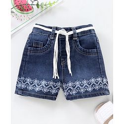 Babyhug Mid Thigh Denim Shorts with Embroidery - Dark Blue
