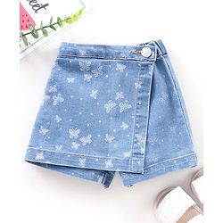 Babyhug Mid Thigh Length Denim Skorts Butterflies Print - Blue