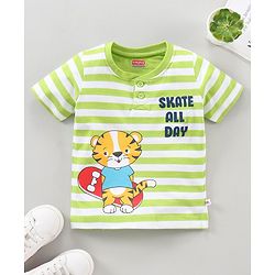 Babyhug Half Sleeves Striped Tee Tiger Print - Green
