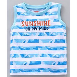 Babyhug Sleeveless Cotton T-Shirt With Sunshine On My Mind Text And Stripe Print - Blue White