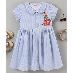 Babyhug 100% Cotton Half Sleeves Frock Floral Embroidery - Blue