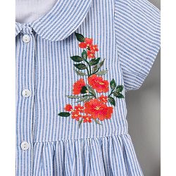 Babyhug 100% Cotton Half Sleeves Frock Floral Embroidery - Blue