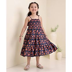 Babyhug Sleeveless Tiered Ethnic Dress Floral Print - Navy Blue