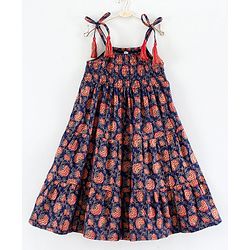 Babyhug Sleeveless Tiered Ethnic Dress Floral Print - Navy Blue